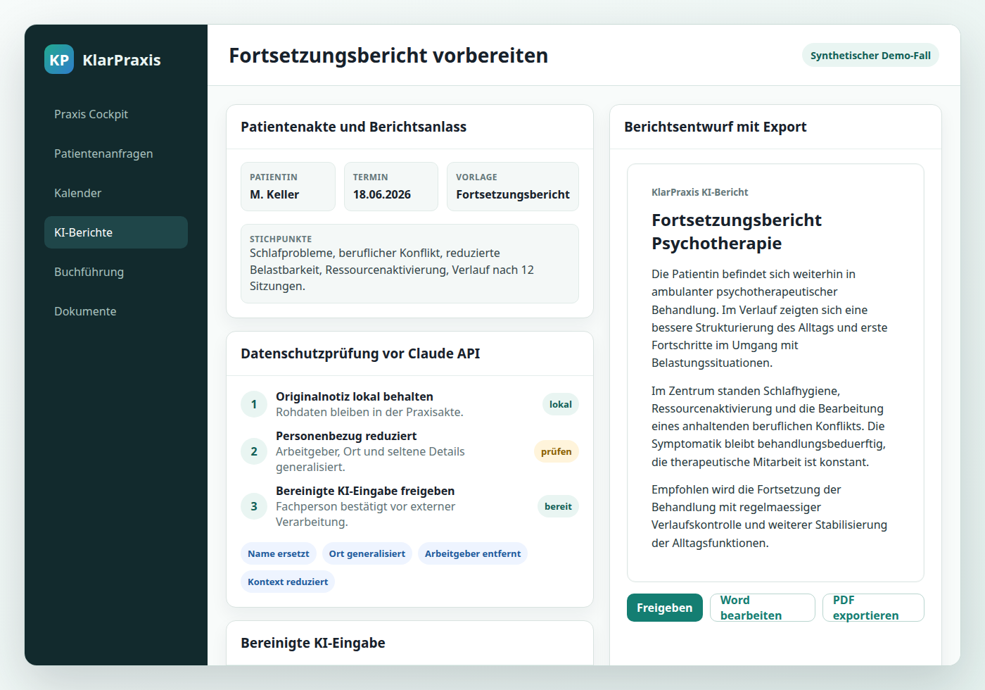KlarPraxis Berichtsdialog mit Sitzungsstichpunkten, Datenschutzvorschau und synthetischem Demo-Fall
